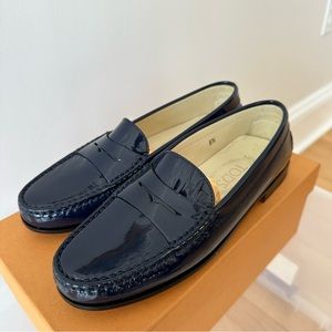 New! Tod’s Navy Patent Leather Loafers